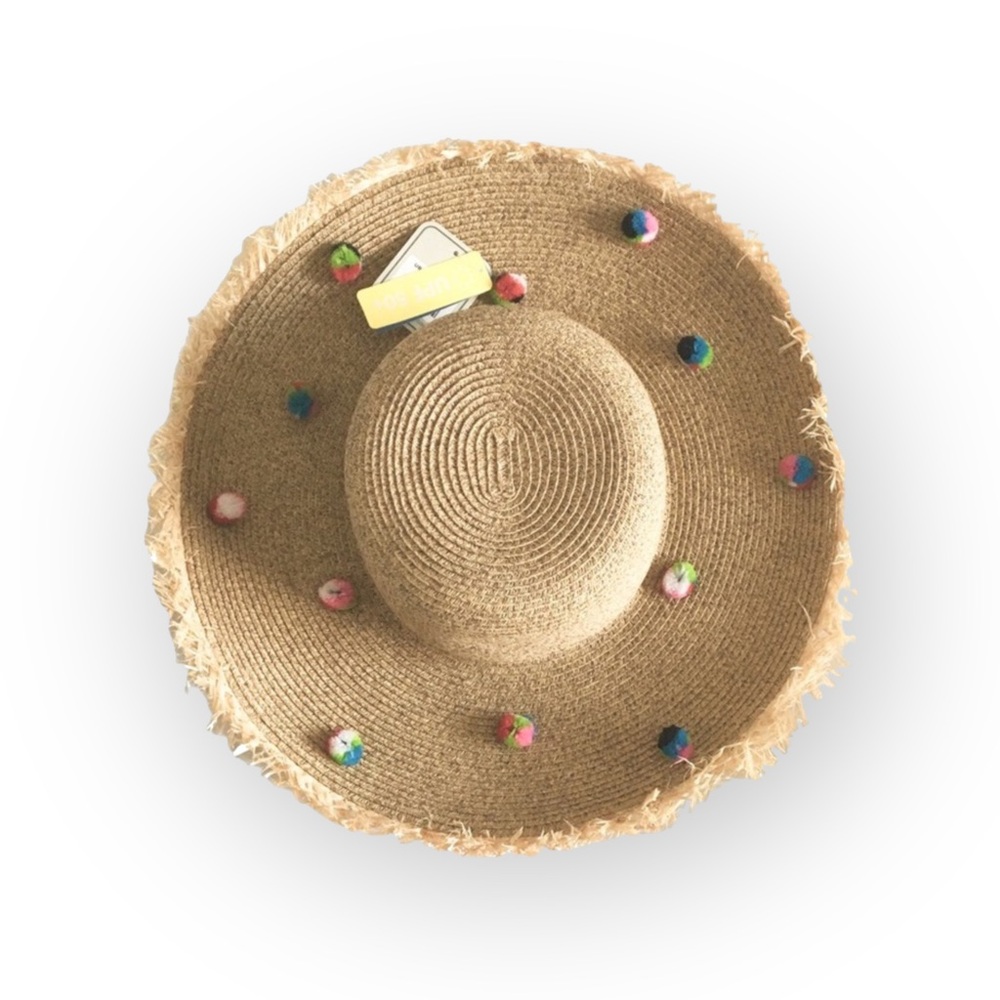 new ✶ Pom Pom Embellished ✶ Raffia Straw Wide Brim Sun Hat ✶ Resort Cruise Chic - Picture 5 of 16